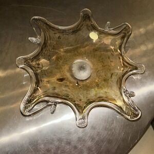 Vintage‎ MURANO Italy Lg Amber Gold Fleck Hand Blown Glass Bowl Rolling Ruffle